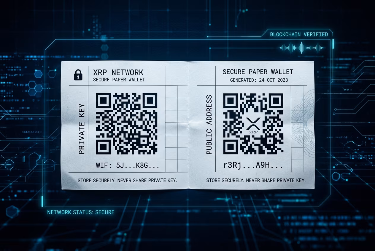 Example of an XRP paper wallet with QR codes for the address and private key