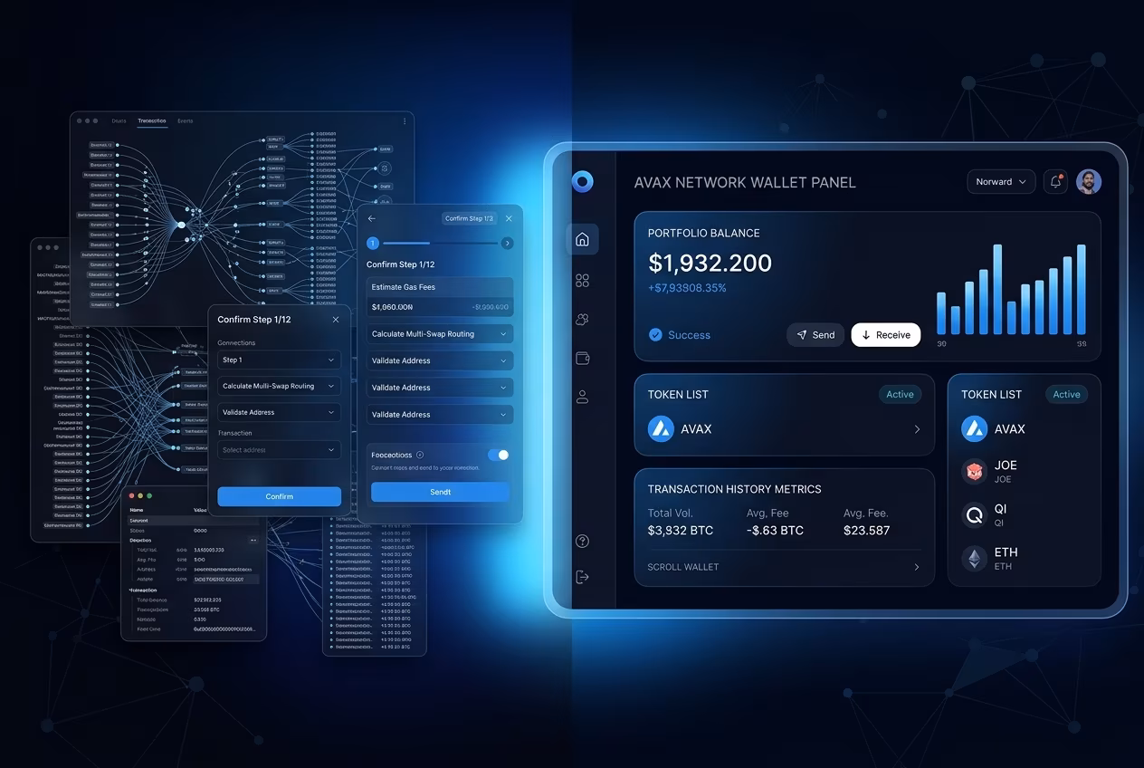 Clean AVAX network wallet interface contrasted with overloaded wallet flows