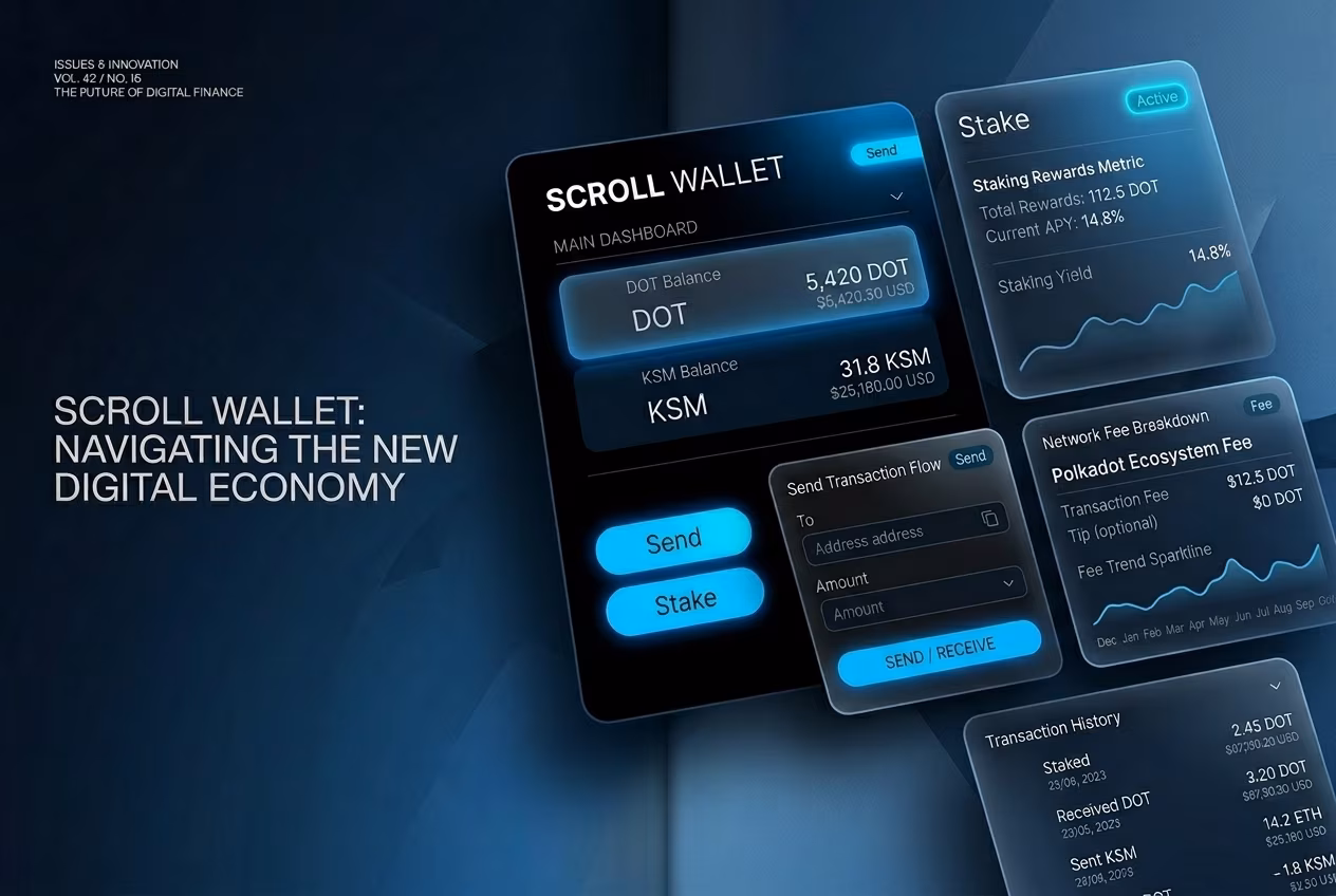 Polkadot wallet interface showing staking sending and fee review