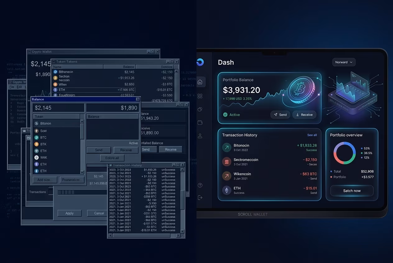 Cluttered legacy wallet versus clean modern Dash wallet app interface