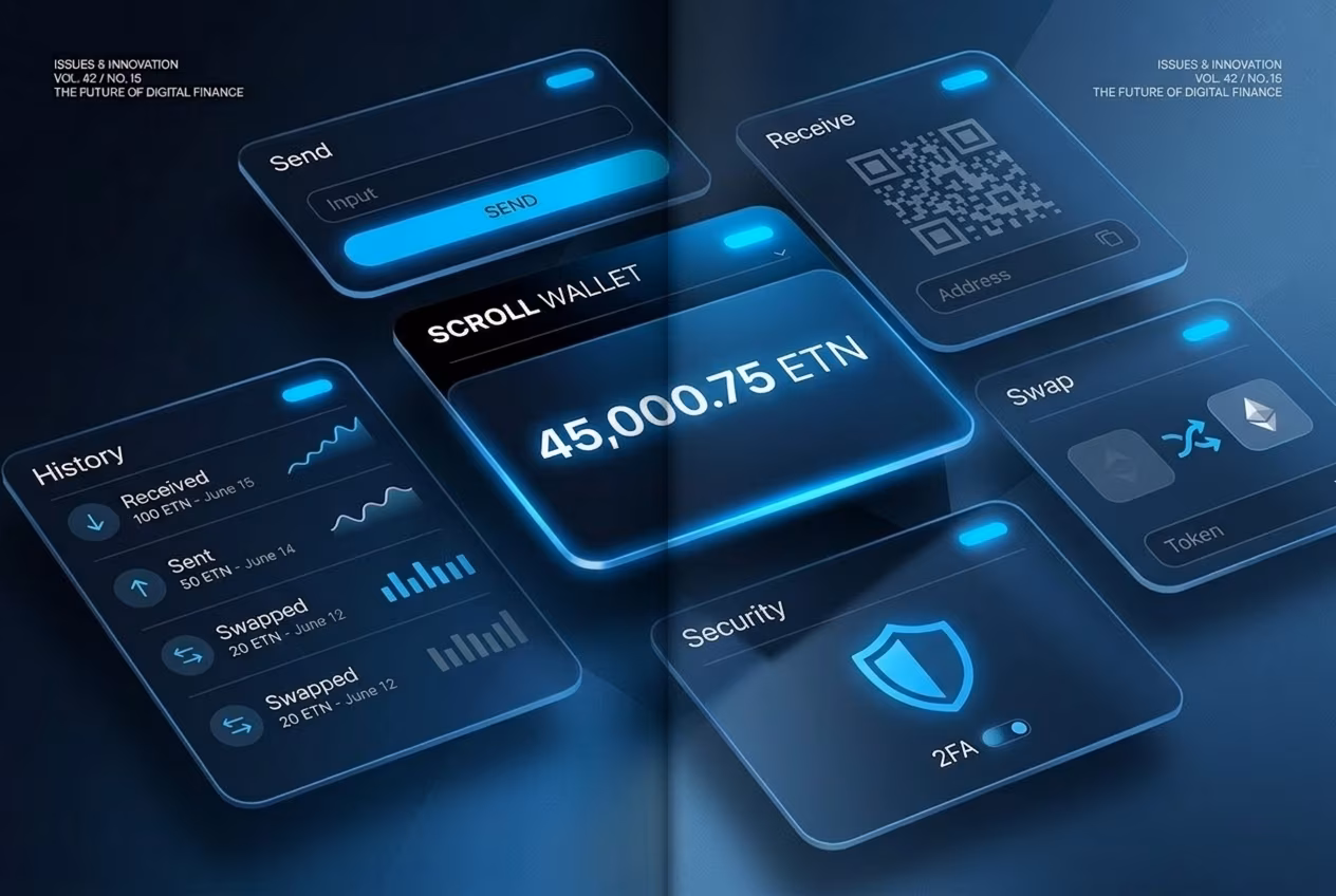 Scroll Wallet interface showing ETN balance send receive swap security