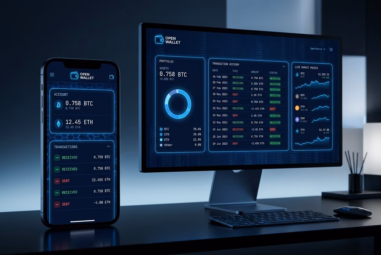 Interface view of an open-source crypto wallet on mobile and desktop devices