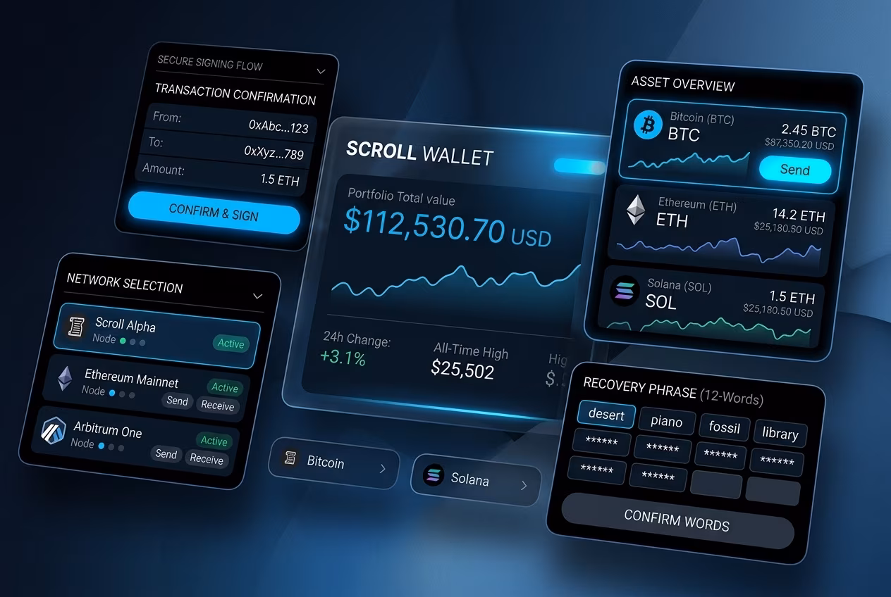 Scroll Wallet interface showing assets signing and network selection