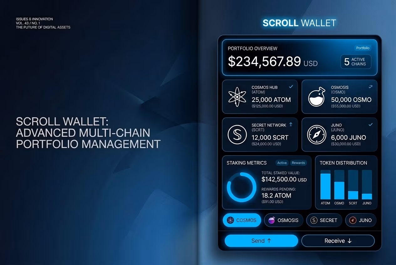 Scroll Wallet Cosmos portfolio dashboard showing balances and staking rewards