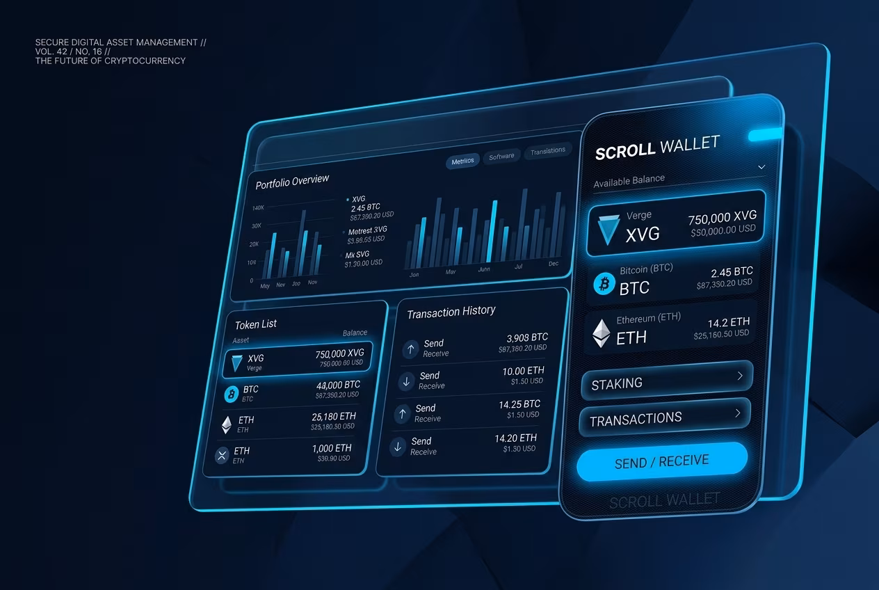 Modern wallet interface managing XVG and multiple crypto assets
