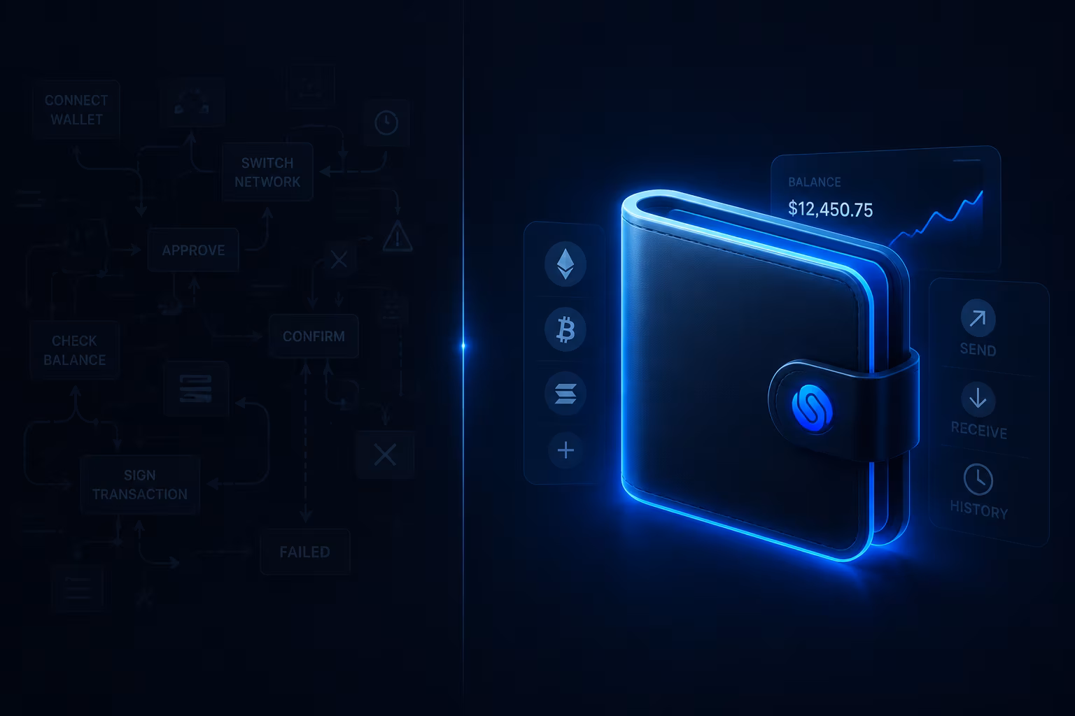 Legacy wallet flow contrasted with modern simplified crypto wallet experience