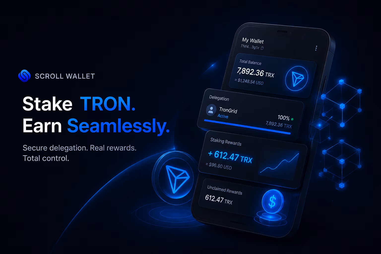 Mobile staking flow showing wallet balance delegation rewards and claim